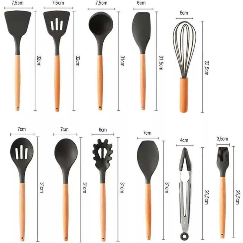 Kit Utensílios de Cozinha 12Pçs - Silicone e Cabo de Madeira